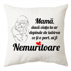 Perna personalizata patrata alba model Mama Nemuritoare poliester 40x40 cm 