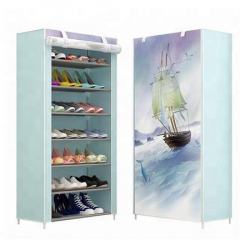 Suport pantofi dulap modern 21 perechi 7 rafturi cadru otel invelis textil albastru cu barca 