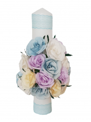 Lumanare botez/nunta Handmade Minis Boutique cu tradafiri albi lila bleu si galbeni si dantela 
