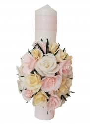 Lumanare botez/nunta Handmade Minis Boutique cu trandafiri albi roz si galben pal 