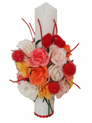 Lumanare botez/nunta Handmade Minis Boutique cu trandafiri roz galbeni frez si portocalii si botosei marturie rosii 