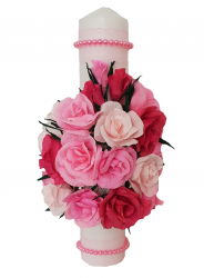 Lumanare botez/nunta Handmade Minis Boutique cu trandafiri roz si rosii si margele roz 