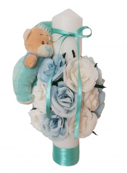 Lumanare de botez Handmade Minis Boutique alb-bleu cu ursulet somnoros si panglica 