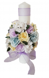 Lumanare de botez/nunta Handmade MInis Boutique cu trandafiri bleu lila si galbeni si hortensii albe 