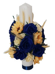 Lumanare de botez/nunta Handmade MInis Boutique cu trandafiri bleumarin si galben floarea soarelui si spice 