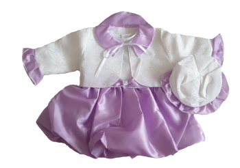 Rochie de botez Handmade Minis Boutique cu bolerou si palarie alb cu mov 6-9 luni 