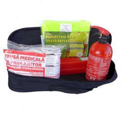 Kit siguranta auto RoGroup - trusa medicala 2 x triunghi stingator vesta + geanta depozitare 
