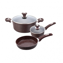 Set 3 vase de gatit inductie Culinaro Eco oala cu capac 28cm cratita 18cm cu capac si tigaie 26 cm cu strat ceramic marmorat culoare maro 