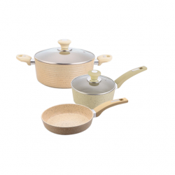 Set 3 vase de gatit inductie Culinaro Eco oala cu capac 28cm cratita cu capac 18 cm si tigaie 24cm cu strat ceramic marmorat culoare crem 
