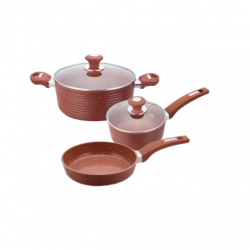 Set 3 vase de gatit inductie Culinaro Eco oala cu capac 28cm cratita cu capac 18cm si tigaie 26cm cu strat ceramic marmorat culoare maro 