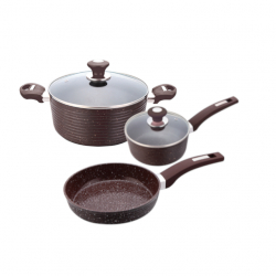 Set 5 piese inductie Culinaro Eco oala cu capac 24cm cratita 18 cm cu capac si tigaie 24cm cu strat ceramic marmorat culoare maro inchis 