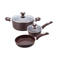 Set 5 piese inductie Culinaro Eco oala cu capac 24cm cratita 18 cm cu capac si tigaie 26cm cu strat ceramic marmorat culoare maro inchis 