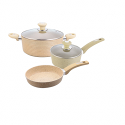 Set 5 piese inductie Culinaro Eco oala cu capac 24cm cratita cu capac 18 cm si tigaie 26cm cu strat ceramic marmorat culoare crem 