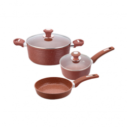Set 5 piese inductie Culinaro Eco oala cu capac 24cm cratita cu capac 18cm si tigaie 24cm cu strat ceramic marmorat culoare maro 
