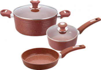Set 5 piese inductie Culinaro Eco oala cu capac 24cm cratita cu capac 18cm si tigaie 28cm cu strat ceramic marmorat culoare maro 