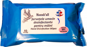Servetele umede dezinfectante antibacteriene pentru maini cu aviz biocid Monukall 