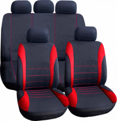 Set Huse Scaune Auto Universale negru+rosu aprins compatibil cu scaune cu airbag polyester + burete 2mm