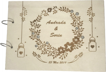 Guestbook din lemn personalizat nunta - caiet amintiri nunta - model flori si candele 