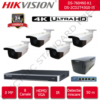 Kit supraveghere video Hikvision 50 m IR format din 1x NVR + 4x camere IP Ultra HD 8 Megapixel 1440p + accesorii incluse 