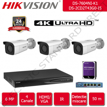 Kit supraveghere video Hikvision 50 m IR format din 1x NVR + 3x camere IP Ultra HD 6 Megapixel 1440p + accesorii incluse 