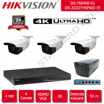 Kit supraveghere video Hikvision 50 m IR format din 1x NVR + 3x camere IP Ultra HD 4 Megapixel 1440p + accesorii incluse fara HDD 