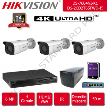 Kit supraveghere video Hikvision 50 m IR format din 1x NVR + 3x camere IP Ultra HD 6 Megapixel 1440p + accesorii incluse fara HDD 
