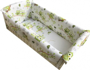 Set lenjerie pentru bebelusi cu aparatori laterale Bufnita verde bumbac 100 