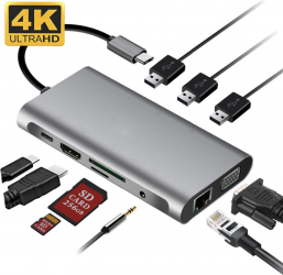 Hub USB 3.1 Type-C DL-LINK WHV010 10 in 1 3 x USB 3.0 1 USB Type-C Port 4K HDMI 1080P VGA RJ45 Gigabit Ethernet SD TF card SD Audio 