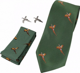 Set cadou Jack Pyke cravata batista si butoni cu fazan in cutie eleganta verde 