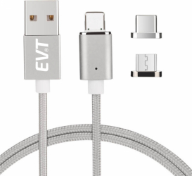 Cablu de incarcare rapida si transfer de date EVT and reg PREMIUM MAGNETIC 3 in 1 USB-C Micro-USB Lightning 5V 3A 1m LED ARGINTIU