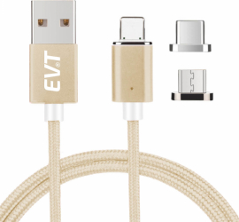 Cablu de incarcare rapida si transfer de date EVT and reg PREMIUM MAGNETIC 3 in 1 USB-C Micro-USB Lightning 5V 3A 1m LED AURIU 