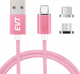 Cablu de incarcare rapida si transfer de date EVT and reg PREMIUM MAGNETIC 3 in 1 USB-C Micro-USB Lightning 5V 3A 1m LED ROZ