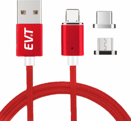 Cablu de incarcare rapida si transfer de date EVT and reg PREMIUM MAGNETIC 3 in 1 USB-C Micro-USB Lightning 5V 3A 1m LED ROSU