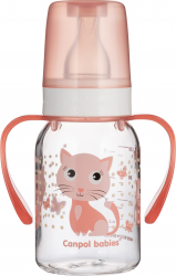 Biberon cu manere Canpol babies Tritan 120 ml imprimat pisicuta roz 