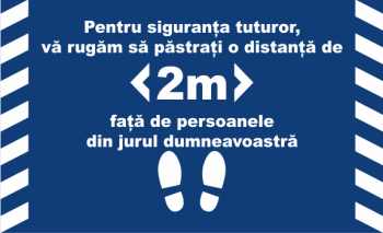 Sticker informativ Covid-19 pentru siguranta tuturor va rugam sa pastrati o distanta de 2 m albastru-alb 57 x 34 cm 