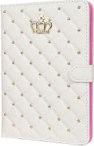 Husa tip carte pentru tableta iPad 2017 de 9.7 inch din piele ecologica Luxury Crown Bling Alb