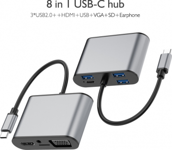 Hub USB 3.1 Type-C MinTech TC8W USB2.02+USB3.01+PD1+Audio1+TF1+HDM1+VGA1