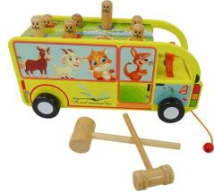 Jucarie educativa si interactiva tip autobuz din lemn cu tractiune si snurulet ciocanel si animale 