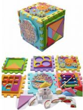 Jucarie educativa si interactiva tip cub din lemn 6 in 1 multifunctional puzzle 