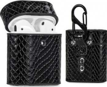Husa suport din piele cu model piele de sarpe pentru Apple AirPods1/2 Negru 