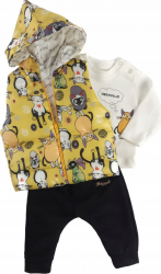 SET COMPLEU HAINE COPII FORMAT DIN BLUZA VESTA SI PANTALONI model yellow cats marime 68 80 86 