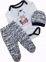SET COMPLEU HAINE COPII FORMAT DIN BODY PANTALONI SI CACIULITA zebra marime 62 68