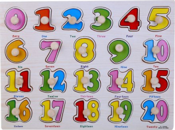 Puzzle educational cu cifre 21 piese din lemn cu maner ajutator limba engleza 