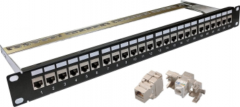 Patch Panel 19 Modular Echipat cat5e LanKATT FTP/STP 24port x RJ45 1U Autosertizare ecranat suport de cabluri integrat 