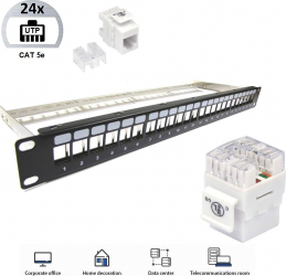 Patch Panel 19 Modular Echipat cat5e LanKATT UTP 24port x RJ45 1U neecranat suport de cabluri integrat