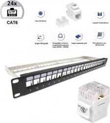 Patch Panel 19 Modular Echipat cat6 LanKATT UTP 24port x RJ45 1U neecranat suport de cabluri integrat- Gigabit 