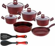 Set 12 piese Hascevher Germanitium 4 oale 3l 4l 4 9lsi 5 8l cu capac tigaie 22cm si tava rotunda 30cm granit-red 