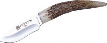 Cutit outdoor Topo Joker lama 7.5 cm otel inoxidabil maner corn de cerb toc piele maro snur pentru gat atasabil la curea si echipamente 
