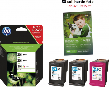 Set 3 cartuse HP 301 original OEM 2 cartuse negru CH561EE si 1 cartus multicolor CH562EE plus 50 coli hartie foto 10x15 cm