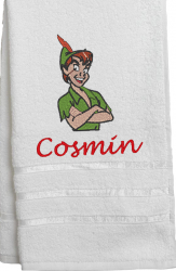 Prosop baie alb personalizat prin broderie cu Imagine Disney Piter Pan si nume. 